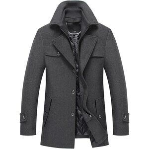 Men's Grey Wool Blend Coat Warm Winter Trench Coat With Detachable Soft Scarf